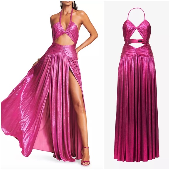 Retrofete Juliana Pink Metallic Lame Halter Cut Out Maxi Dress - with tags - S - Picture 1 of 12
